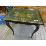 A green lacquered tray-top table with Chinese painted decoration, on cabriole legs. FOR DETAILS OF