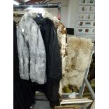 Ladies' vintage coats including a grey broadtail lamb jacket, a black leather coat with fur trim and