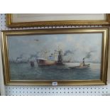 A busy harbour scene with tugboats by G. (?) Schaeffer, signed, oil on canvas (60 x 29.5 cm), gilt