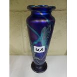An Okra iridescent glass vase decorated in Blue Ayrum pattern, signed Okra 88 BATB 24, 8.4 in [D]