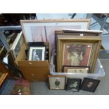 A quantity of prints and reproductions etc., including an old French theatre flyer for Le Theatre