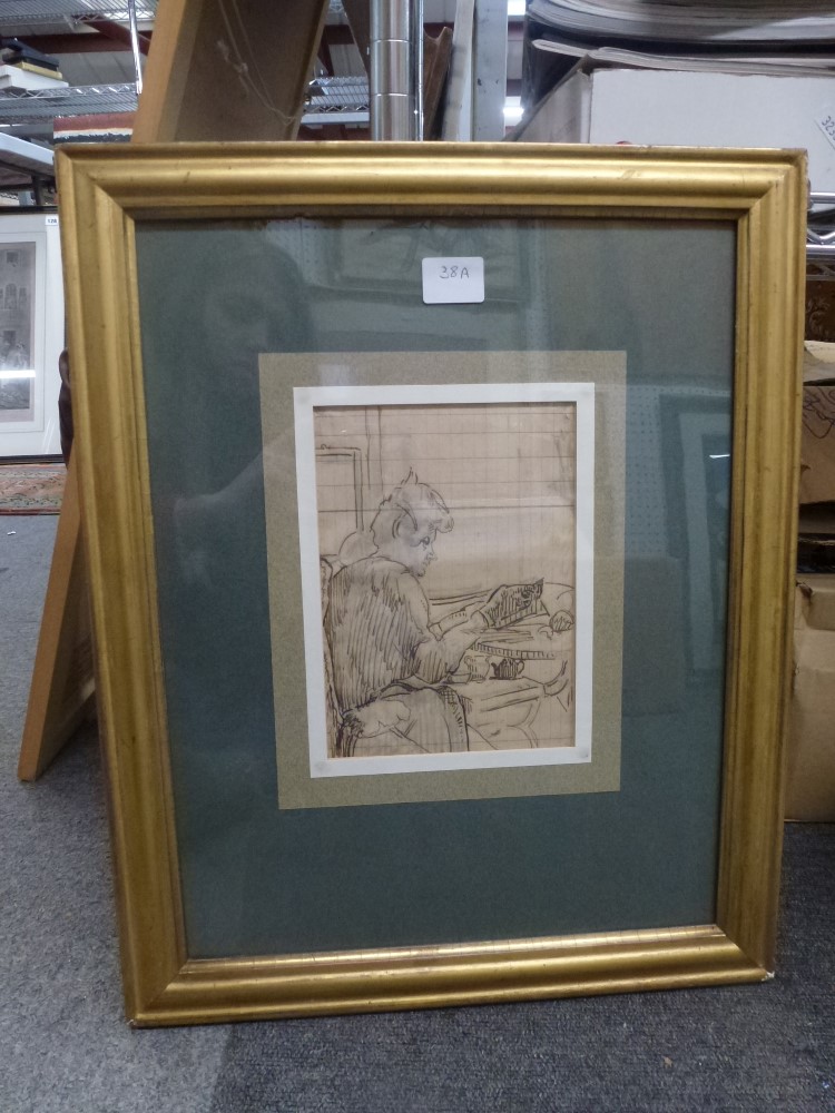 A pen and ink drawing of a woman seated at a table, circle of Sickert, circa 1910 (18.5 x 13.5cm),