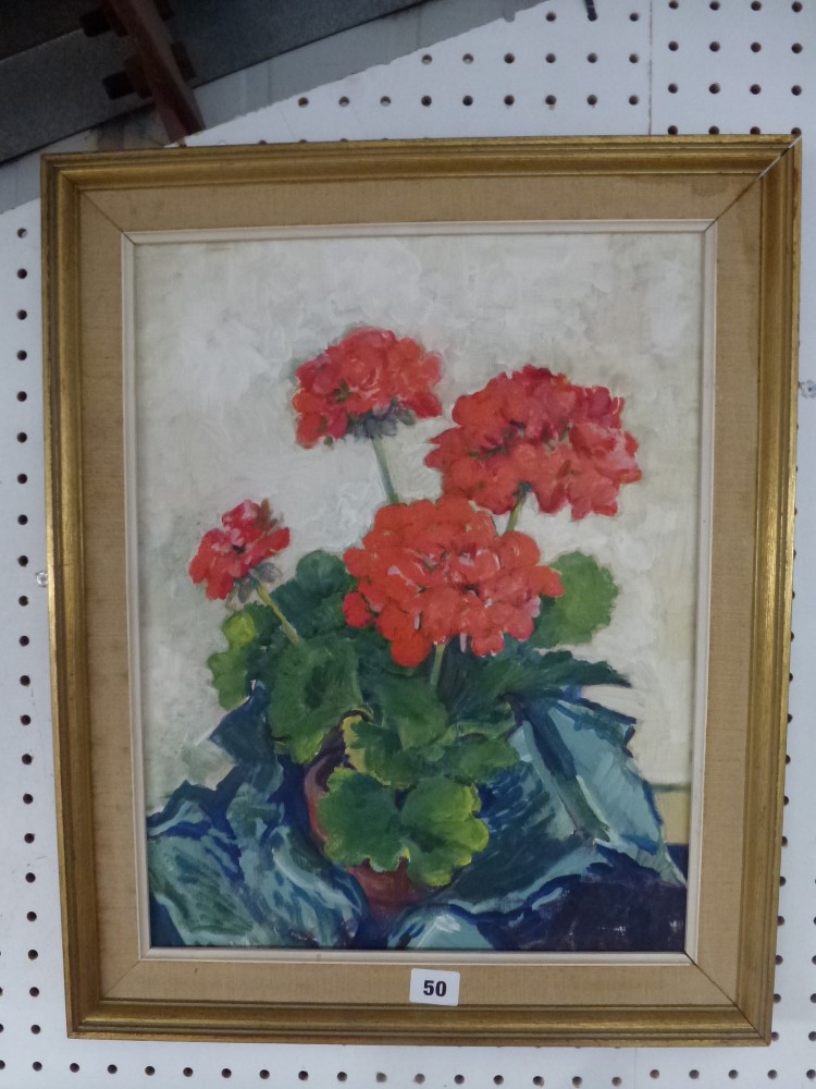 Scarlet geraniums in a terracotta pot possibly by Kelleher, oil on board (45 x 34 cm), reverse of