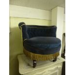 A Victorian tub chair with blue velvet cover on turned legs, a reproduction three flap table on