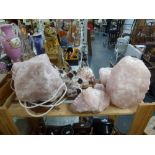 A salt-glazed table light plus other salt-glazed and rose quartz items [pine shelf next to s17]