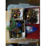 A plastic lid of costume jewellery including colourful beads, bangles, pendants, etc. FOR DETAILS OF