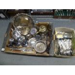 Two cartons of EPNS and other plated items, including candlesticks, a tea set, salvers, a quantity