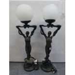 A pair of resin Art Deco style figural table lamps of dancers with glass ball shades [s13] FOR