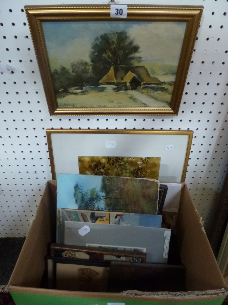 'A Sussex Barn, Alfriston' by K. Ellebeck, signed, oil on board (20 x 28.5 cm), gilt frame, together