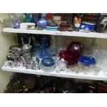 A large quantity of glassware including a 1930s blue glass centre piece with penguin, six Babycham