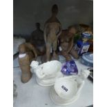 Four studio stoneware figures, some signed Moore, a pair of Royal Worcester white salts as mer-