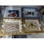 Four Hermes porcelain rectangular ashtrays, decorated with mosaic birds, mosaic fish, a carriage,