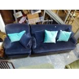 A handsome settee in blue velvet and matching armchair, with loose cushions. FOR DETAILS OF ONLINE