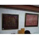 Two framed embroidered panels [upstairs wall above wooden shelves] FOR DETAILS OF ONLINE BIDDING