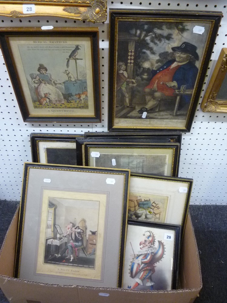 A collection of nine framed antique prints relating to theatre, humour, politics, etc., including '