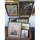 A collection of nine framed antique prints relating to theatre, humour, politics, etc., including '