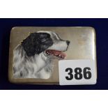 A vintage 800 silver rectangular box, the cover well enamelled with a head portrait of a collie dog,