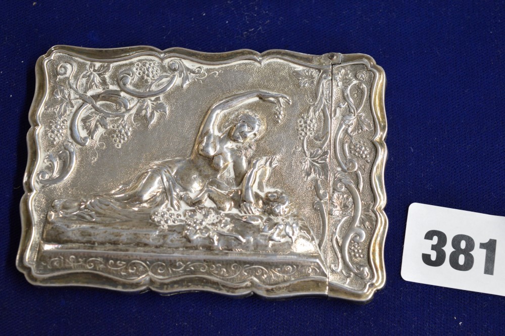 A rare Victorian silver card case by Charles Washington Shirley Deakin, embossed with a mother and