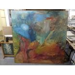 Mid-20th century, oils on canvas, colourful abstract with kneeling figure (180 cm square approx.),