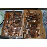 Two boxes of vintage wood working tools including Roby Sorby planes plus others, clamps, hand drills