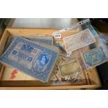 Approximately 145 x 1000 Kronen notes and three other paper notes from France, Egypt and Germany. TO