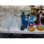 A collection of glassware including blue Whitefriars bark effect vase, plus further Whitefriars