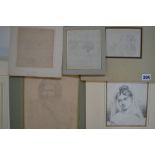 Five pencil drawings, including one attributed to John Varley of a cottage, another by Joseph Massey