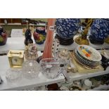 A mixed lot including a very tall lily-shaped red glass vase, collectors plates including Brades,