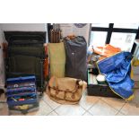 A fishing lot comprising chairs, tent, camp bed, waterproof waders and jacket, fishing tackle