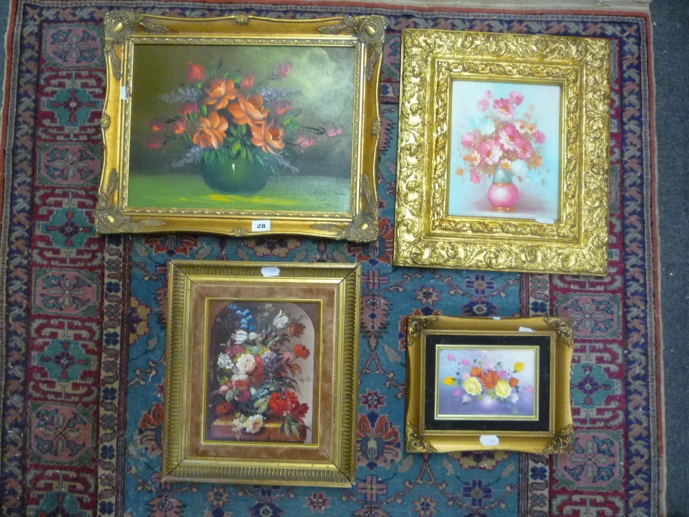 Bloemart, a Flemish-style oils on panel still life of flowers and three other oils of flowers (