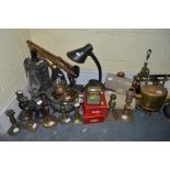 A mixed lot of mainly metal ware including a brass kettle on stand, copper and brass candlesticks, a