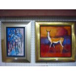 M.A., an oils on canvas, antelope at sunset, signed with initials, together with an oils on board of