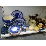 Two shelves of china including Aynsley Pembroke pattern part tea services, art pottery tankards,