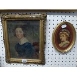 An oils on board portrait of a young lady, circa 1820, wearing a blue dress, and an oval portrait of