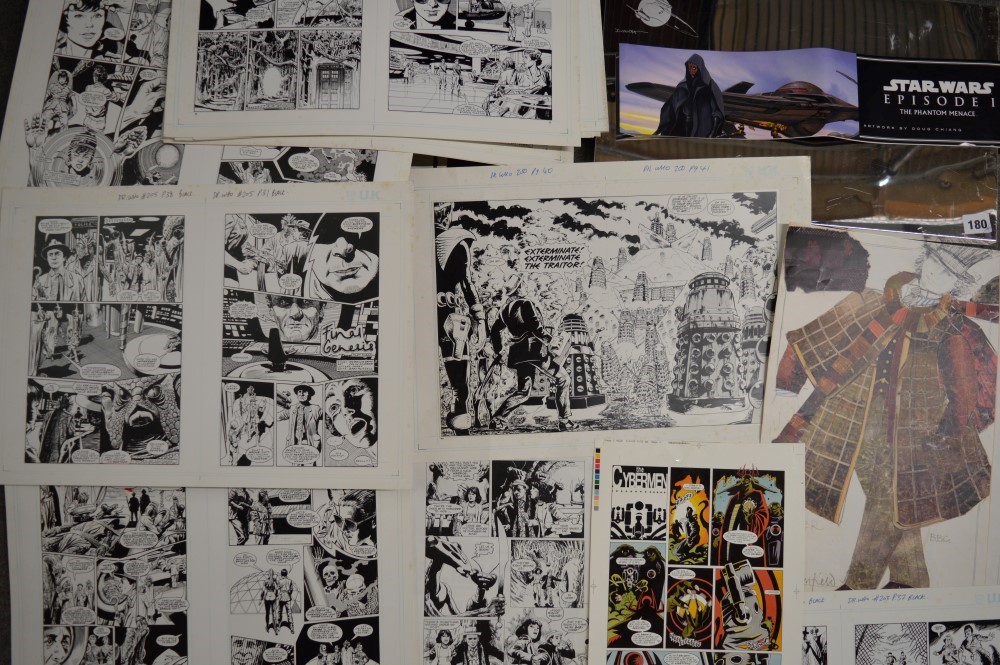 A selection of comic book artwork, including Dr Who 'The Cybermen', 'The Final Genesis' and other