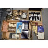 Sundry plated items in two cartons and a small oak canteen, including Old English and other cutlery,