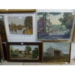 Four various early 20th century oils, including of a river, a village street, and a disused