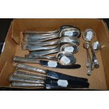 A quantity of English silver cutlery, comprising: six George III bottom-marked tablespoons, two