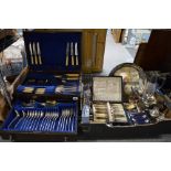 A quantity of EPNS in an oak canteen and a carton, including a Grecian pattern part cutlery service,