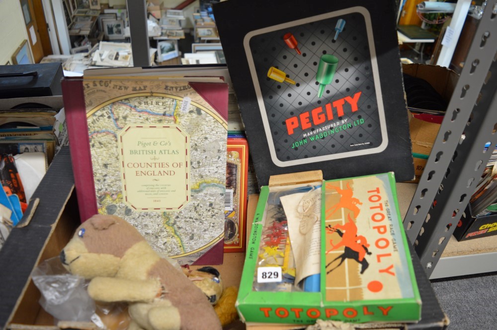 Vintage games including Totopoly and Pegity, soft toys, and a small quantity of books [upstairs