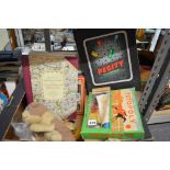 Vintage games including Totopoly and Pegity, soft toys, and a small quantity of books [upstairs