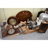 A mixed lot including an Edwardian inlaid two handle gallery tray, a pair of metal carriage lamps, a