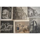 A large selection of antique engravings, comprising four Rossini early 19th century views of ruins