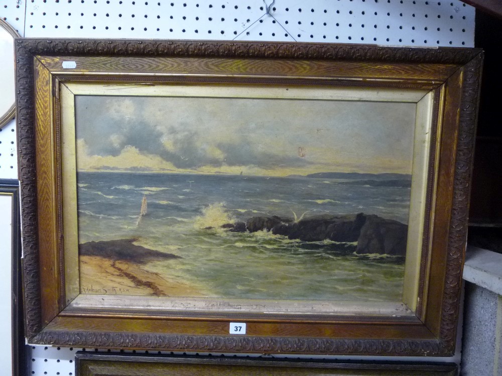 R. Andrew Smith, RSW, oils on canvas, a rocky coastline, signed (39 x 64 cm), framed TO BID ON