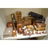 A collection of boxes including marquetry inlaid Japanese puzzle boxes, puzzle balls, tortoise