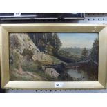 C.H. Minn, oils on canvas, a rustic bridge over an Alpine river, signed (25 x 45 cm), framed TO