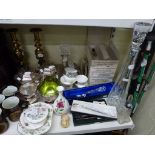 A mixed lot including a pair of brass candlesticks, a four piece silver piece tea service, a Webb