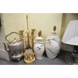 A 19th Century silver plated spirit kettle on stand, five brass table lamps and two similar