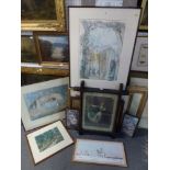 12 various framed prints, including modern coloured etchings, an oil of a flowering herbaceous