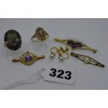 A 9 ct gold amethyst and pearl bar brooch, a 9 ct gold pearl bar brooch, 9 ct gold dress ring set